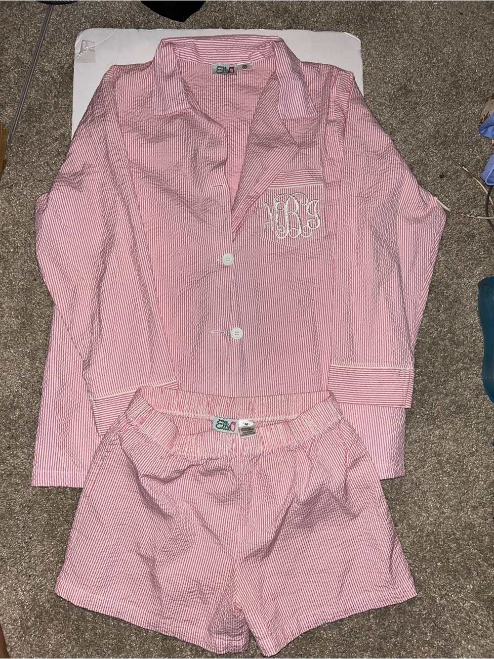 Ellie Pink Striped Seersucker Pajama Set with Monogram women